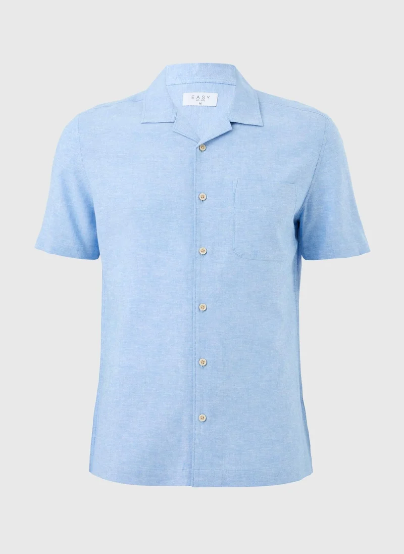 ماتلان Blue Linen Blend Revere Short Sleeve Shirt